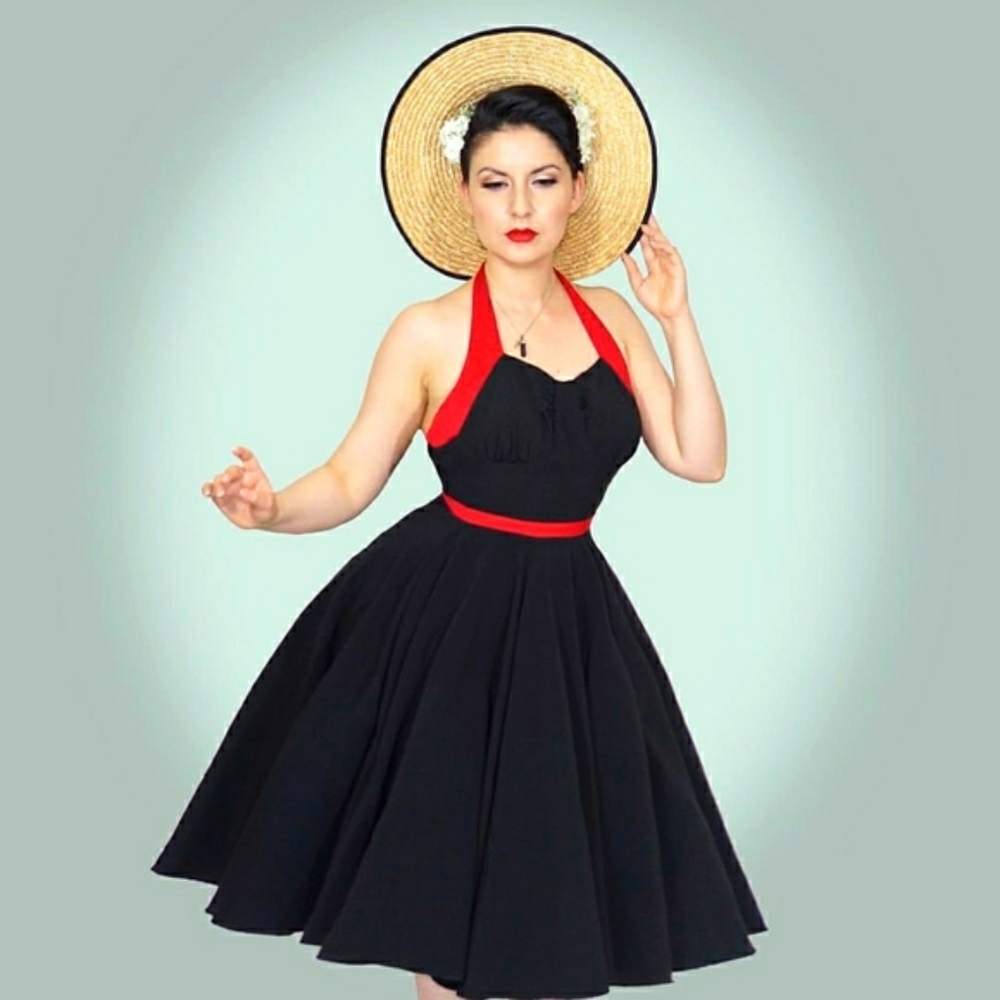 Rock Steady Swing Flare Black and Red Pinup Halter Dress